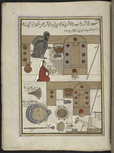 Rice-parcher and wife, 86 drawings bound into a volume depicting trades and occupations in Kashmir, Craftsmen are shown at work with their implements and equipment, By a Kashmir artist, probably at Srinagar by Indian School