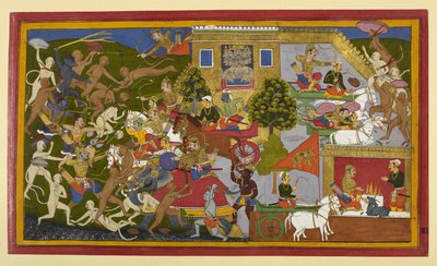 Rama and allies attack demons as Indrajit performs an invisibility ritual by Indian School