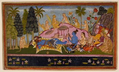 Rama, in his tiger skin, spends three days pleading with the Ocean, but it remains unresponsive. c1653 (miniature) by Indian School