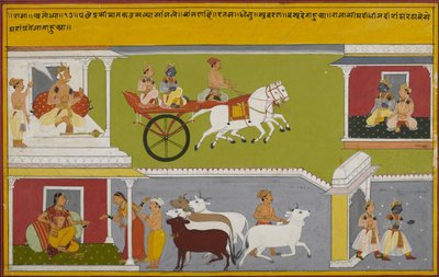 Rama is made regent, leaves the palace, and tells his mother Kaushalya, who gives cows as presents by Indian School