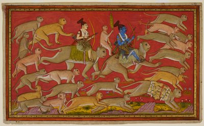 Rama organizes his army of monkeys and bears, with Hanuman as his mount and Lakshmana riding Angada by Indian School