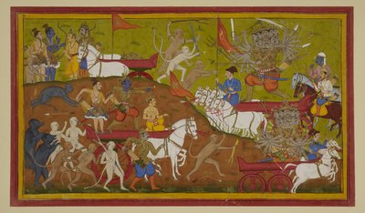 Rama receives Indra’s chariot and armour, battles Ravana fiercely, forcing him to retreat by Indian School