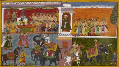 Rama sends courtiers to investigate rumors about Sita, with them departing on horseback and elephants by Indian School