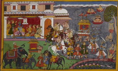 Rama tours his kingdom, kills a Shudra practicing penance, and is praised by the gods by Indian School