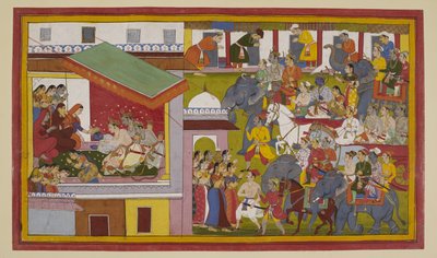 Rama’s triumphant procession enters Ayodhya; he bows before the queens by Indian School