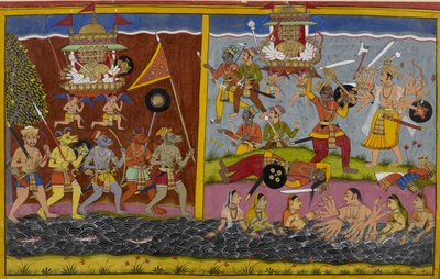 Ravana advances to fight Arjuna, who defeats his general Prahasta by Indian School