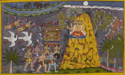 Ravana ascends to the moon, but Brahma intervenes and urges him to turn back by Indian School