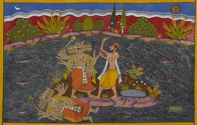 Ravana battles the mahatma, the sage Kapila, who vanquishes him by Indian School