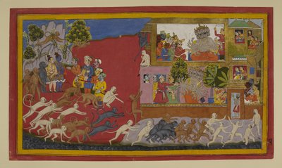 Ravana deceives Sita with a fake head; monkeys scout Lanka by Indian School