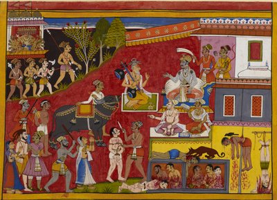 Ravana descends to Yama’s realm as Narada follows by Indian School