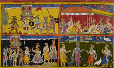 Ravana disrupts a sacrifice, the gods hide as animals, then reveal themselves by Indian School