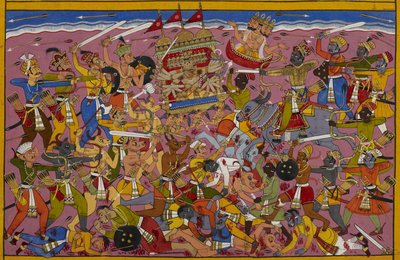 Ravana fights Yama, but Brahma intervenes to protect him by Indian School