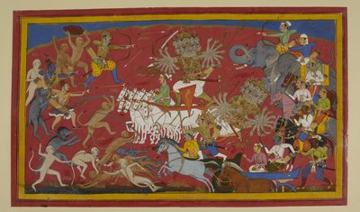 Ravana fights fiercely but falls amid battle with Lakshmana and allies by Indian School
