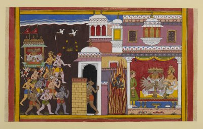 Ravana meets Bali in a palace guarded by Vishnu, who vanishes, sparing him for now by Indian School