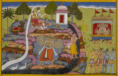 Ravana rides the Pushpaka chariot, then lifts and shakes Mount Kailasa to challenge Shiva by Indian School