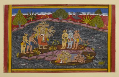 Ravana Seeks the Purusha, Enters a Cave, and Finds Thousands of Exalted Beings by Indian School