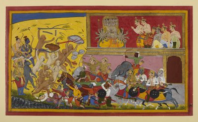 Ravana sends Kumbha, Nikumbha, and demons to battle monkeys, Rama and allies watch by Indian School