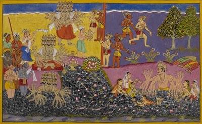 Ravana worships the linga at the Narmada as King Arjuna bathes nearby by Indian School