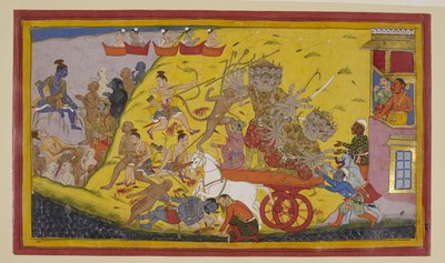 Ravana wounds Lakshmana; Hanuman strikes Ravana and saves Lakshmana by Indian School