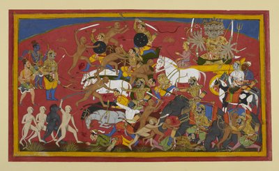 Sugriva and Angada kill demon foes in battle by Indian School
