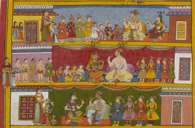 Sukesha’s three sons marry gandharvis and raise families, shown across three registers by Indian School