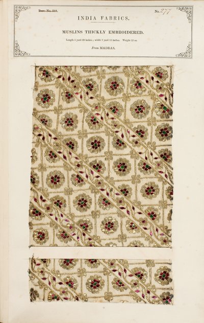 Thickly embroidered muslin sample from Madras, from The Collection of the Textile Manufacturers of India, by John Forbes Watson, published in 1866 by Indian School