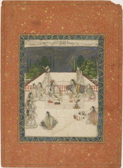 Two women seated on a terrace, surrounded by attendants and musicians, c.1650 by Indian School