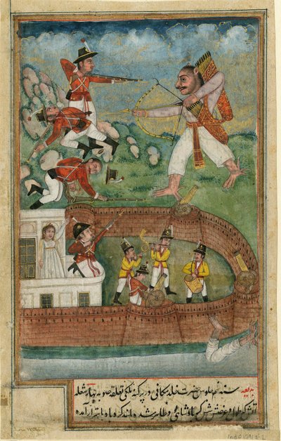 A demon attacking a fort defended by European soldiers - Indian Art - c. 1790 - Private Collection by Indian School