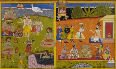 Vaisravana visits his father as Brahma grants Dasagriva a boon of near invincibility by Indian School