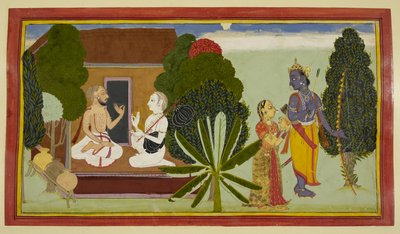 Valmiki and Narada converse left, with Rama and Sita on the right by Indian School