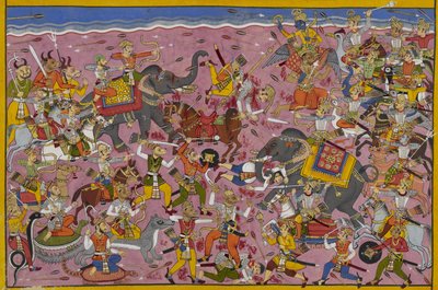 Vishnu battles the demons; Mali falls, pierced by a lance by Indian School