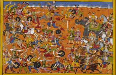 Vishnu leads the gods, defeats Malyavan, the demons retreat in shame by Indian School