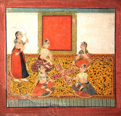 Women playing Parcheesi, seated on a yellow patterned floor spread by Indian School