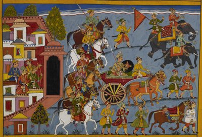 Shatrughna departs Ayodhya to return to his kingdom, with his attendants by Indian School