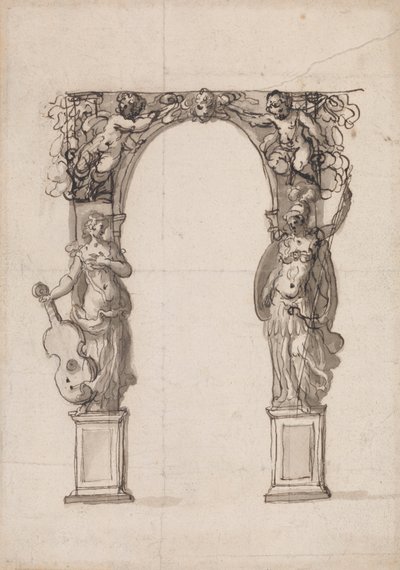 Design for a Temporary Arch Ornamented with Putti and Allegorical Figures of Music and War by Inigo Jones