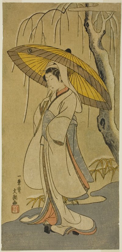 The Actor Segawa Kikunojo II as the Heron Maiden in the play "Cotton Wadding of Izu Protecting the Matrimonial Chrysanthemums," performed at the Ichimura Theater from the first day of the eleventh month, 1770 by Ippitsusai Bunchō