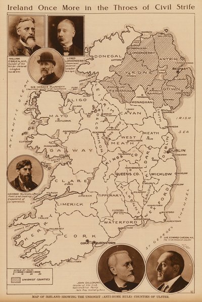 Map of Ireland showing the Unionist counties of Ulster by Irish School