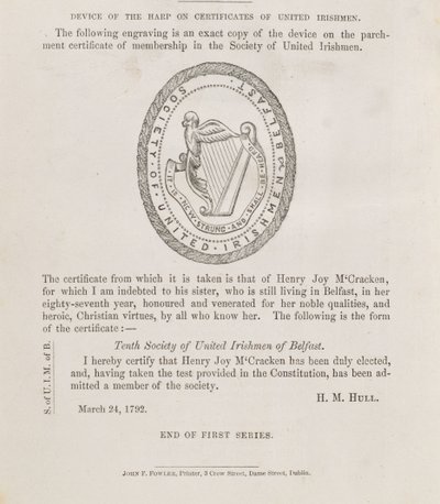 The Seal of the Society of United Irishmen of Belfast by Irish School