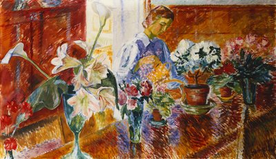 An Interior with a Woman Watering Plants by Isaac Grunwald