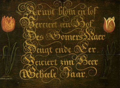 A Calligraphic Maxim, Flanked by Tulips by Isaac Hondius