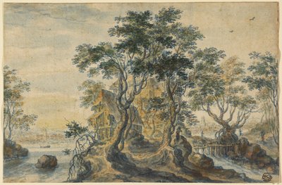 River Landscape with House on a Rocky Island by Isaac Major