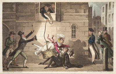 Capping a Proctor, or Oxford Bull dogs detecting Brazen Smugglers, from The English Spy by Isaac Robert Cruikshank