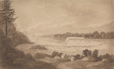 View of Niagara Falls with the Falls in the Background, Right, and Landscape with Houses in the Foreground by Isaac Weld