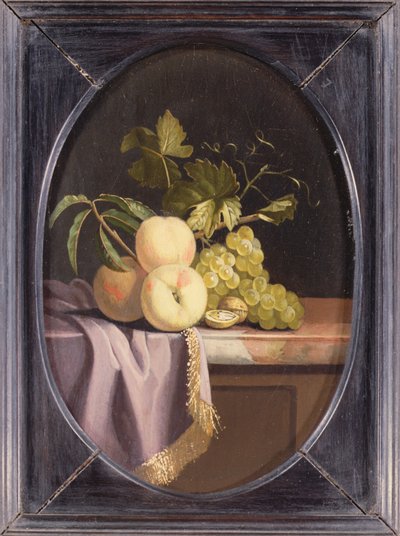 Peaches, Grapes and Walnuts on a Draped Ledge by Isaak Denies