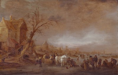 Winter Scene with Figures on a Frozen River in Front of a Walled Town by Isack van Ostade