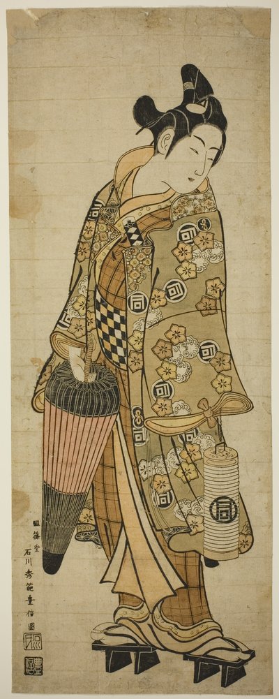 The Actor Sanogawa Ichimatsu I as a young man holding an umbrella and a lantern by Ishikawa Toyonobu