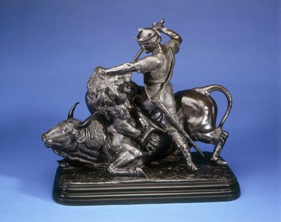 A King killing a lion attacking a bull by Isidore Jules Bonheur
