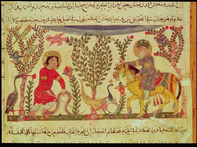 A Doctor giving assistance to a man bitten by a snake, manuscript from a treatise of Dioscorides, 13th century by Islamic School