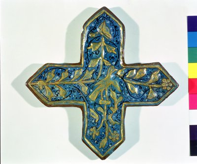 Cruciform overglaze leaf-gilded tile in the style of Takht-e Solaiman by Islamic School