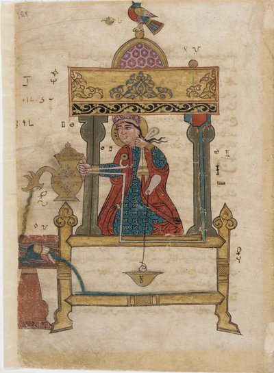 Hand-washing automaton with flush mechanism, folio from The Book of Ingenious Mechanical Devices; by Al-Djazari, 1315 by Islamic School
